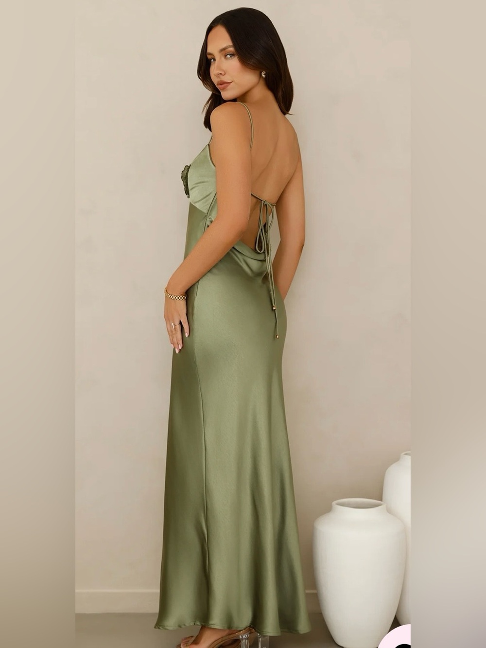 Hello Molly Olive Satin Slip Dress with Floral Rosette - Picture 3 of 4